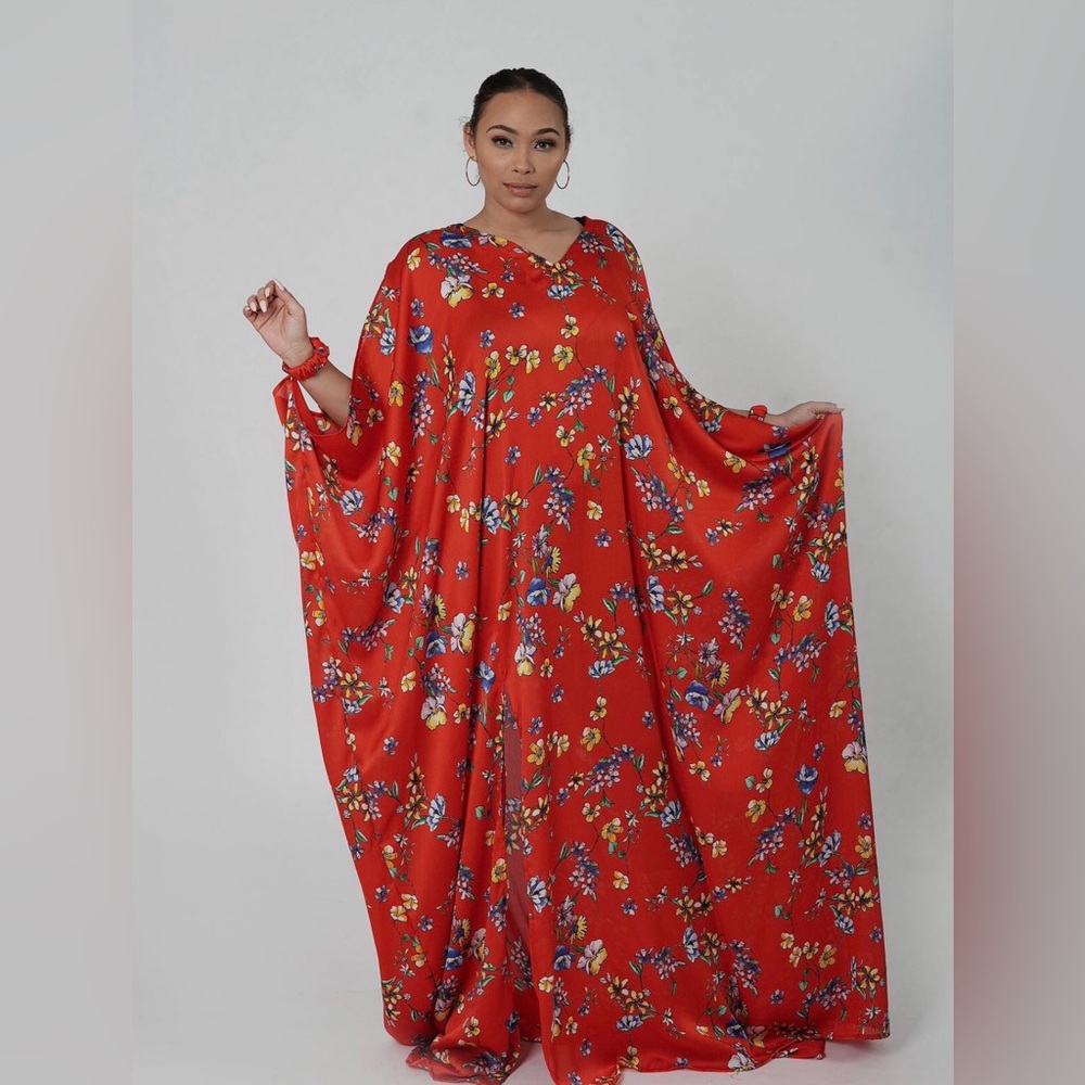 Red Multicolor Handmade Floral Print Oversized Maxi Kaftans Dress